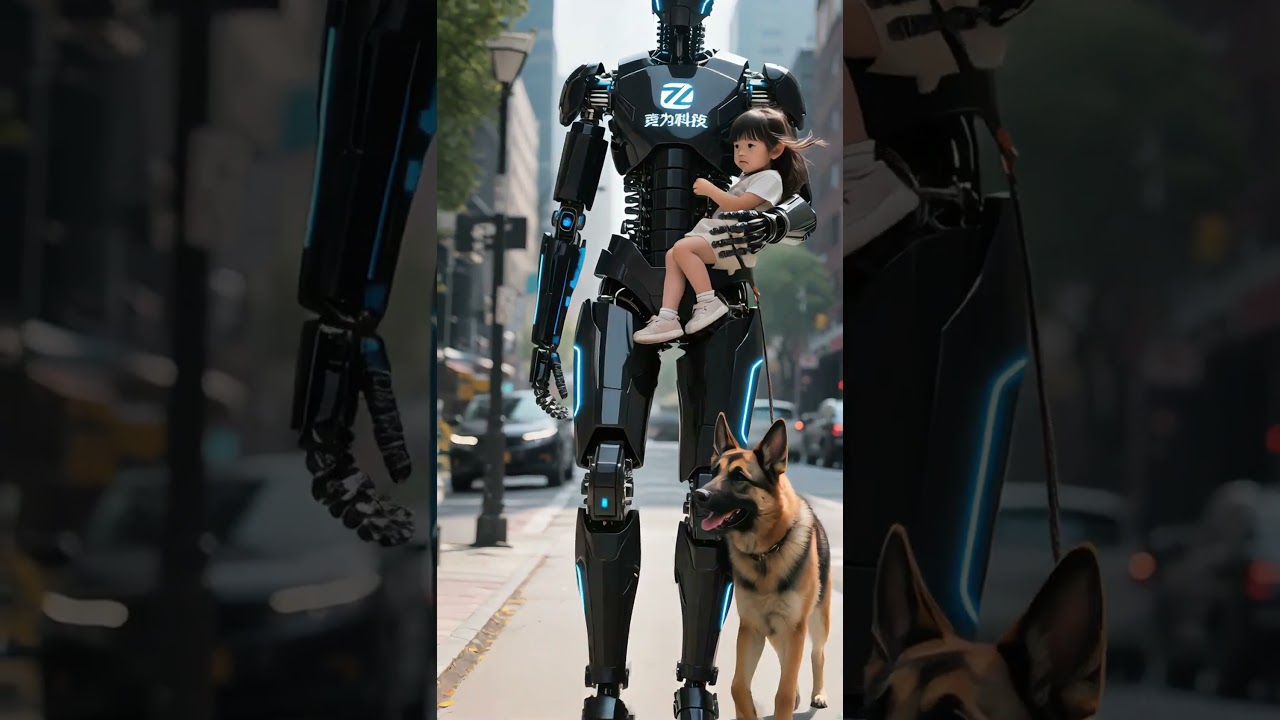 Robot Humanoid Menggendong Anak Kecil Berjalan di Jalan Kota - Inovasi Masa Depan